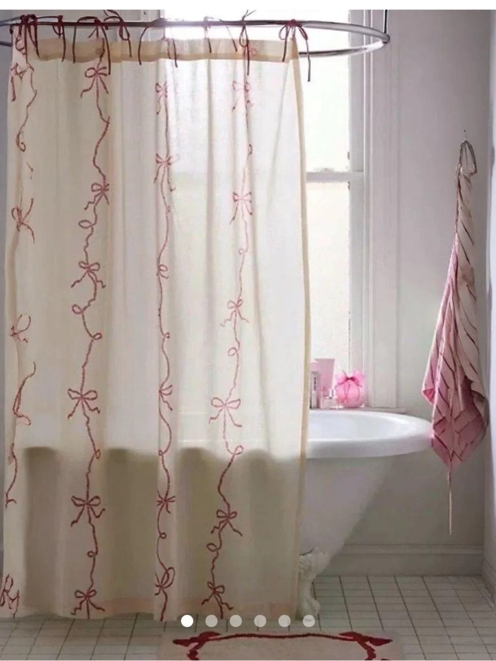 Urban Outfitters Cream Shower Curtain with Pink Bow Trim
